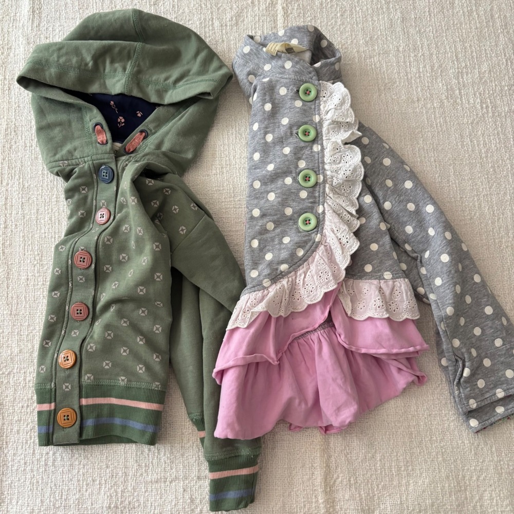 Matilda Jane Girls Size 6 Lot Polka Dot Ruffle Cardigan and Green Hooded Sweater
